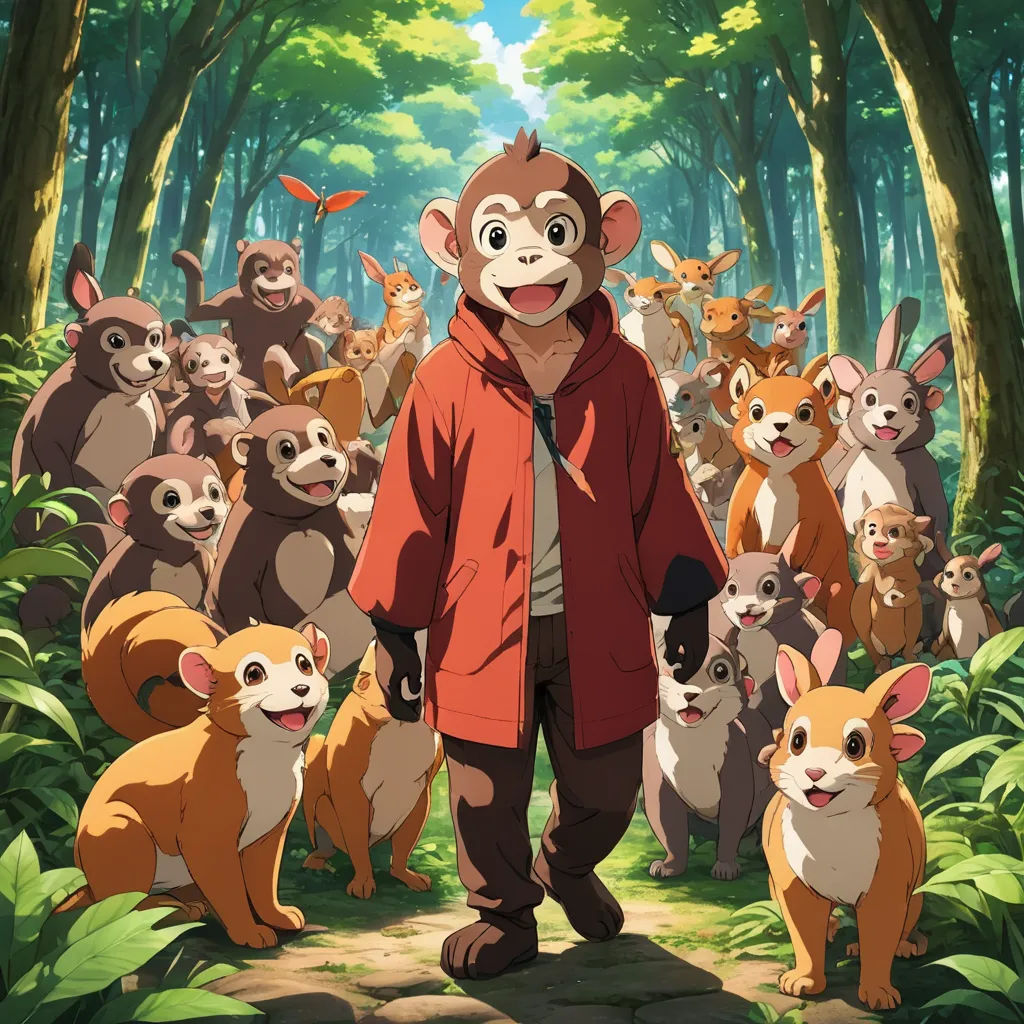 a man standing in front of a bunch of animals in a forest with a monkey on his head and a monkey on his shoulder, furry art, poster art, Chang Dai-chien, promotional image