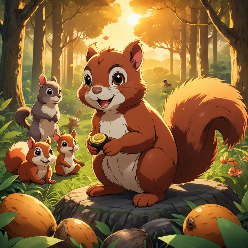a squirrel and her babies are in the forest with a sun in the background and a forest scene with trees and leaves, furry art, poster art, Chris LaBrooy, key art