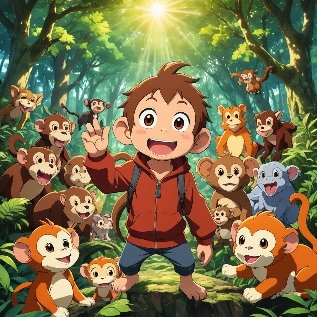 a boy standing in front of a group of monkeys in the jungle with a sun shining behind him and a forest full of monkeys, les nabis, a poster, Adam Manyoki, promotional image