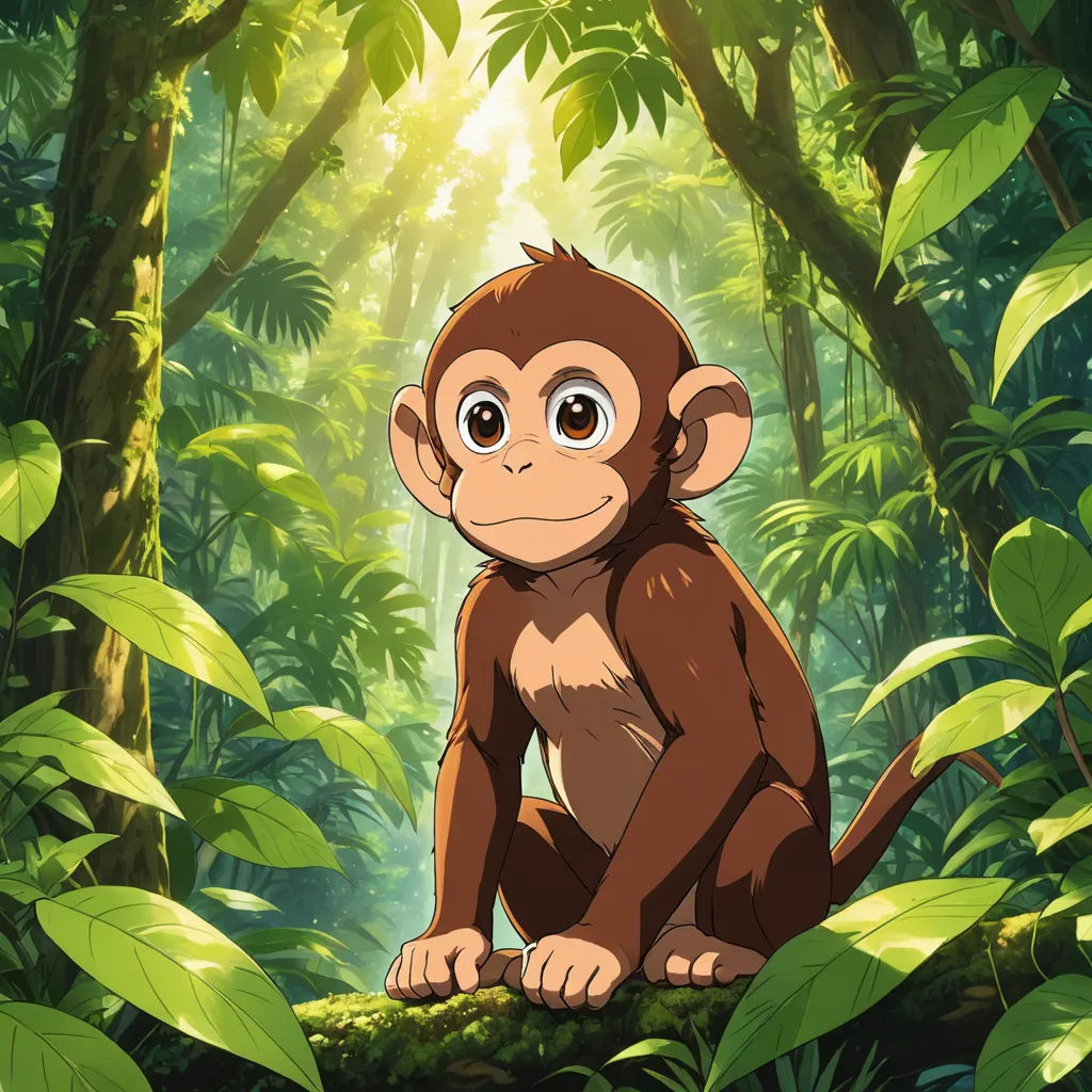 a monkey sitting in the middle of a jungle with a bright light coming through the trees behind it and a jungle background, sōsaku hanga, a character portrait, Diego Gisbert Llorens, official art