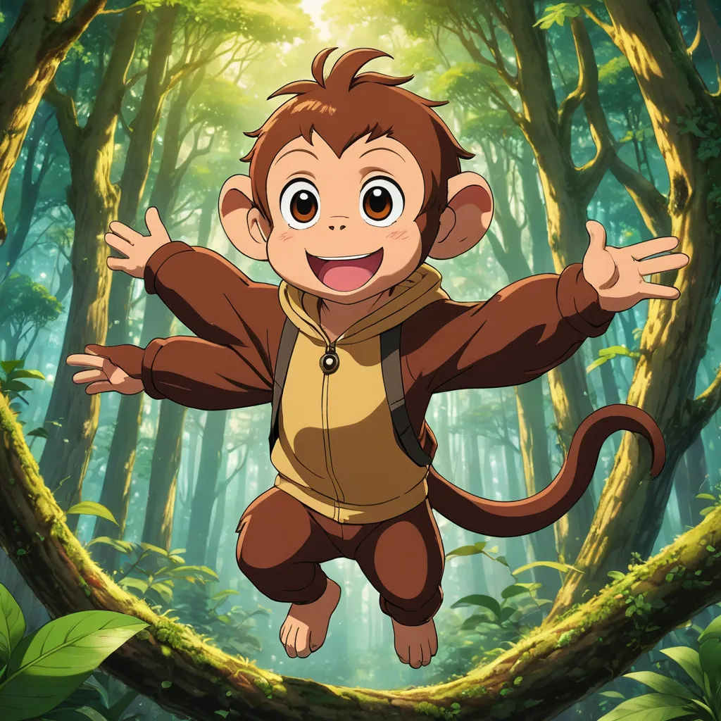 a monkey is jumping in the air in a forest with trees and leaves around it, with his arms outstretched, sōsaku hanga, a character portrait, Akira Toriyama, yukito kishiro