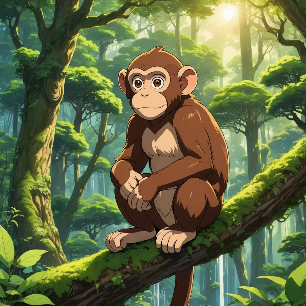 a monkey sitting on a tree branch in a forest with sunlight shining through the trees and green foliage on the ground, primitivism, a character portrait, Diego Gisbert Llorens, ufotable