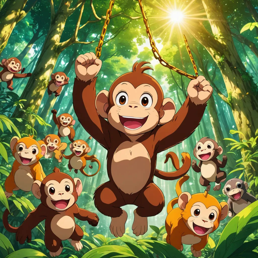 a group of monkeys hanging from a tree in the jungle with a sun shining behind them and a person holding a rope, dau-al-set, a poster, Du Jin, promotional image