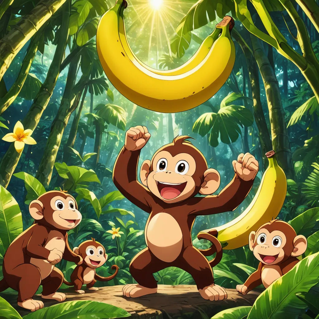 a group of monkeys standing in the jungle with a banana hanging from a tree branch and a banana hanging from a tree, primitivism, poster art, Chris LaBrooy, anime key visual