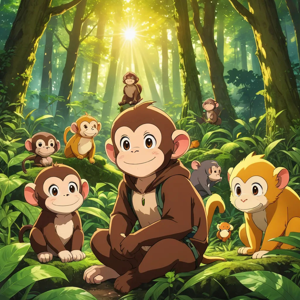 a group of monkeys sitting in the middle of a forest with a sun shining through the trees behind them, dau-al-set, a poster, Du Jin, promotional image