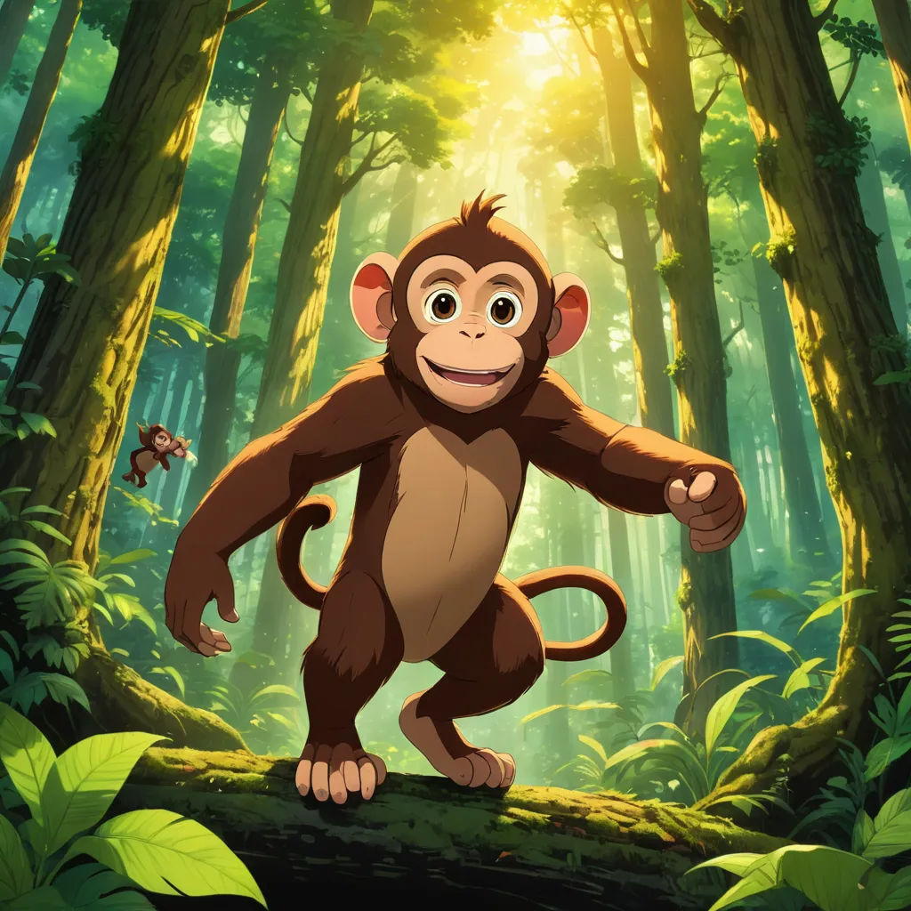 a monkey standing on a log in a forest with a sun shining through the trees behind it and a monkey on the ground, primitivism, a character portrait, Chris LaBrooy, kyoto animation