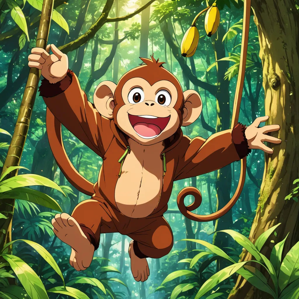 a monkey hanging from a tree in a jungle with bananas hanging from it's branches and smiling at the camera, dau-al-set, a character portrait, Akira Toriyama, anime key visual