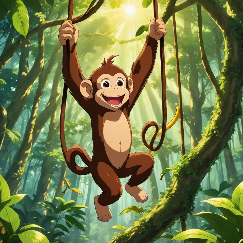 a monkey hanging from a tree in a jungle with sunlight shining through the trees and leaves on the ground, sots art, a poster, Chris LaBrooy, anime key visual