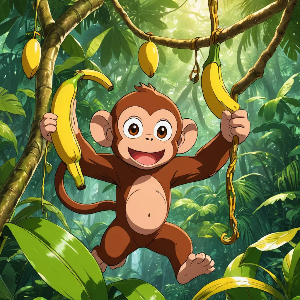 a monkey hanging from a tree with bananas in its hands and smiling at the camera, with a banana hanging from a tree, sōsaku hanga, a character portrait, Diego Gisbert Llorens, anime key visual