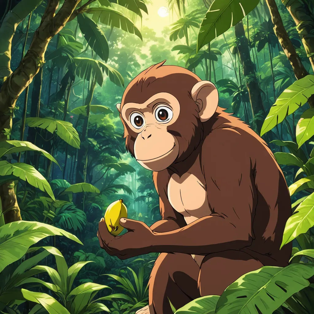 a monkey holding a banana in a jungle with sunlight shining through the trees and foliage behind it, with a bright light shining on the background, primitivism, a character portrait, Adam Manyoki, official art