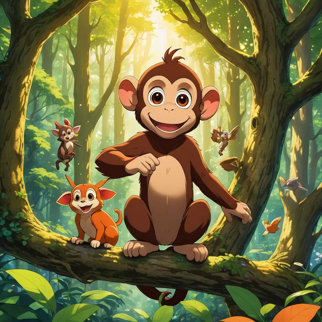 a monkey and a fox are sitting on a tree branch in the forest with many other animals around them, primitivism, a poster, Diego Gisbert Llorens, promotional image