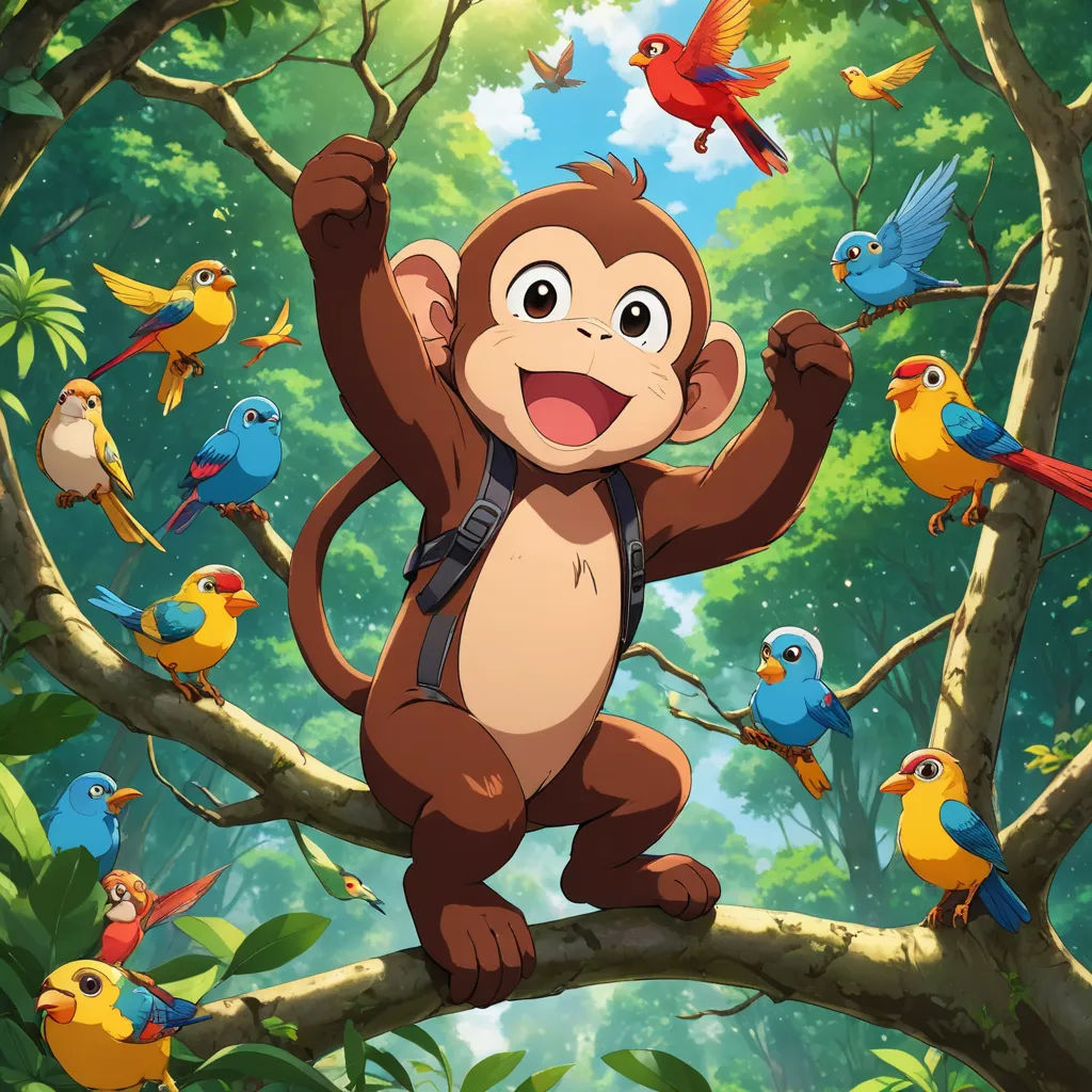a monkey is standing on a tree branch with many birds around him and a bird flying above him,, primitivism, a poster, Chris LaBrooy, promotional image