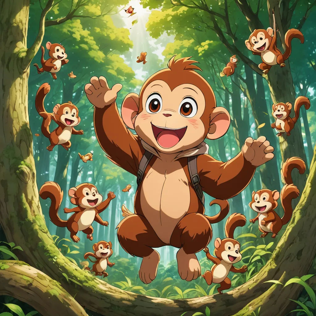 a monkey is in the middle of a group of monkeys in the forest with a butterfly flying above him, sots art, a poster, Du Jin, official art