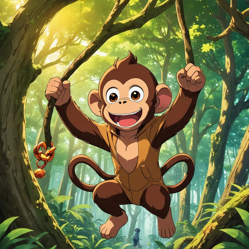 a monkey is jumping in the air in a forest with a snake in its mouth and a monkey on his back, sōsaku hanga, poster art, Du Jin, anime key visual