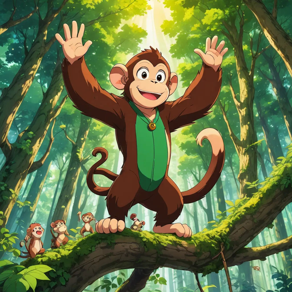 a monkey is standing on a tree branch in the forest with other monkeys around him and a sun shining through the trees, dau-al-set, a poster, Chris LaBrooy, promotional image