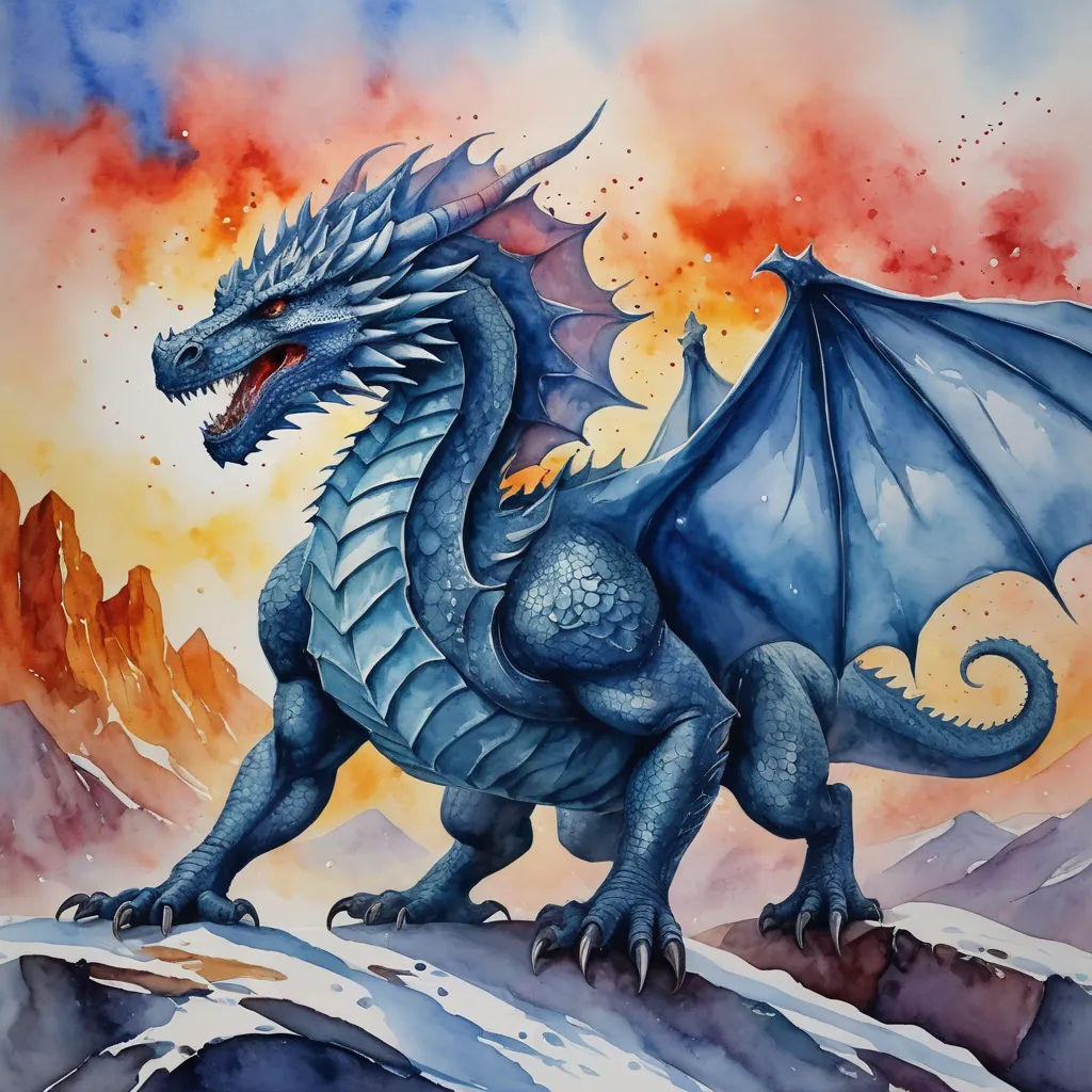 a painting of a blue dragon on a mountain top with a red sky in the background and a red and yellow sky, fantasy art, an airbrush painting, Anne Stokes, dragon art