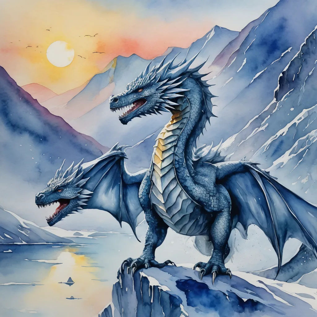 a painting of a dragon on a mountain with a lake below it and a bird flying above it, with a mountain in the background, fantasy art, an airbrush painting, Anne Stokes, dragon art