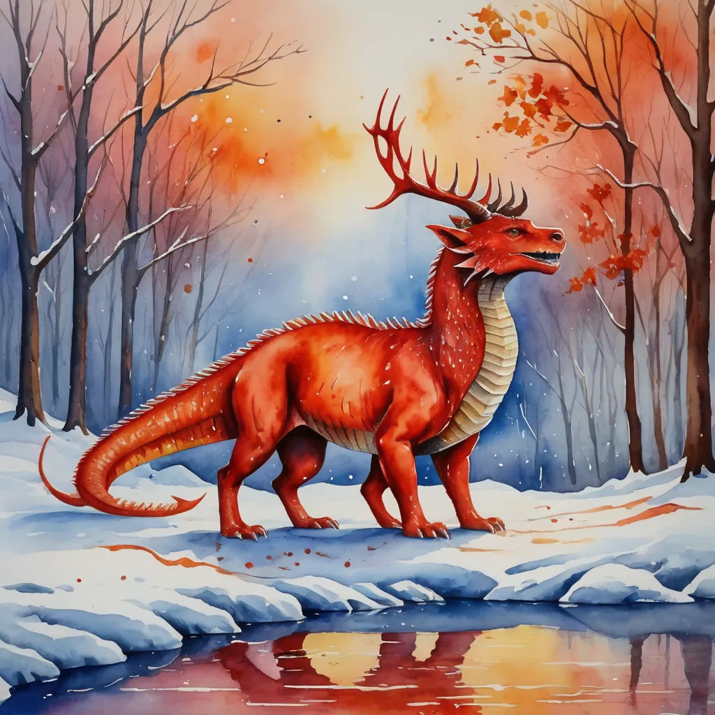 a painting of a red dragon standing in the snow by a pond of water with trees and snow on the ground, fantasy art, an airbrush painting, Anato Finnstark, dragon art