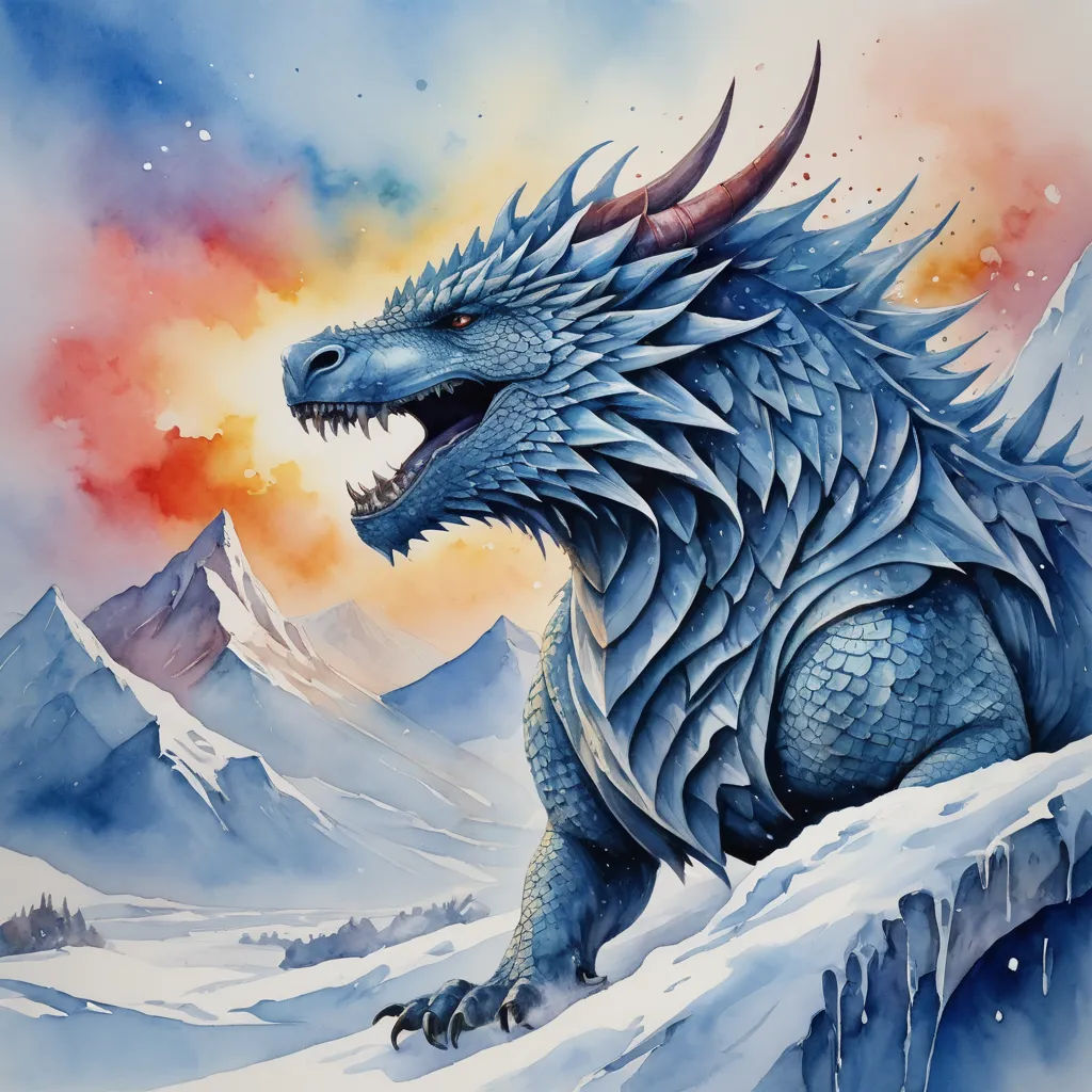a painting of a dragon on a snowy mountain side with mountains in the background and a red and yellow sky, fantasy art, an airbrush painting, Anato Finnstark, dragon art