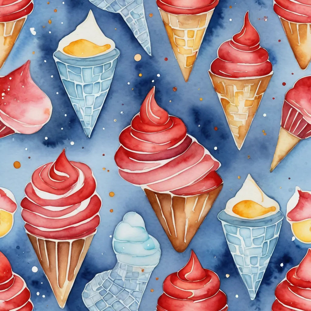 a watercolor painting of ice cream cones and cones on a blue background with stars and clouds in the sky, naive art, a detailed painting, Annabel Kidston, detailed illustration