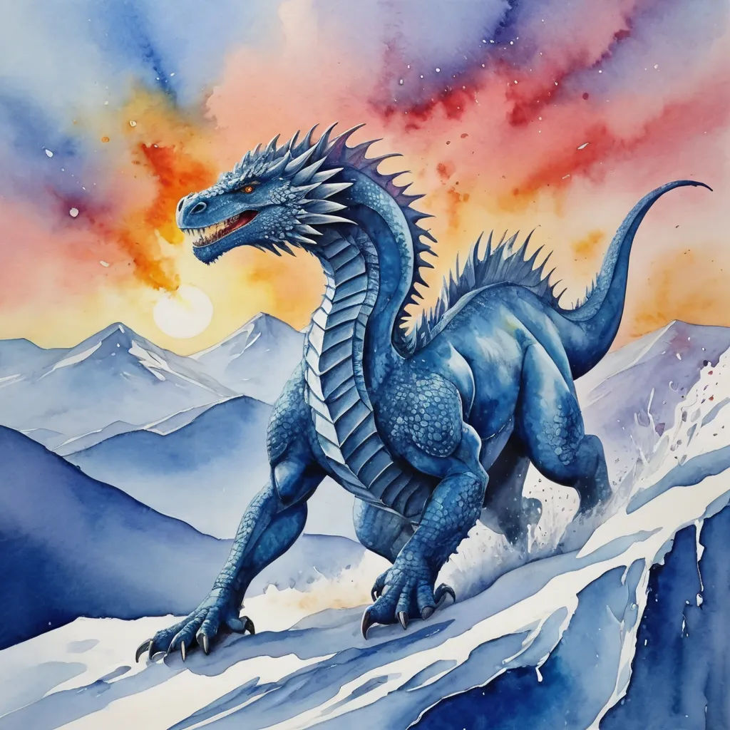 a painting of a blue dragon on a mountain top with a sunset in the background and a red sky, fantasy art, an airbrush painting, Anato Finnstark, dragon art