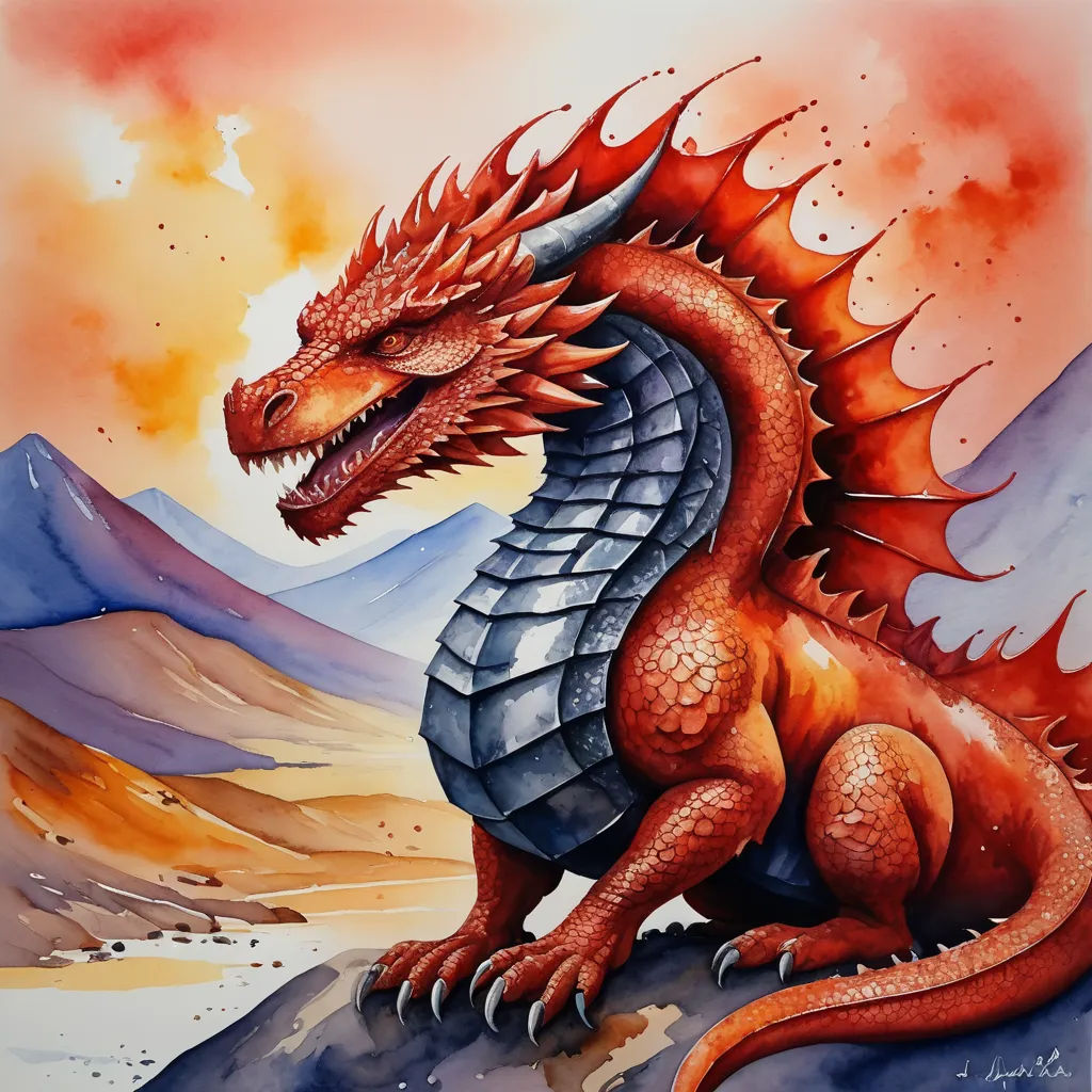 a painting of a dragon sitting on a rock in the desert with mountains in the background and a sky with clouds, fantasy art, an airbrush painting, Anne Stokes, dragon art