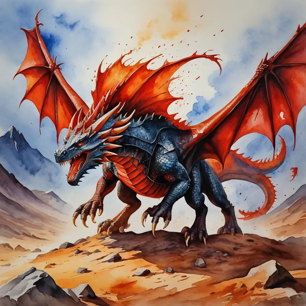 a painting of a dragon on a desert surface with mountains in the background and clouds in the sky above, fantasy art, an airbrush painting, Anne Stokes, dragon art