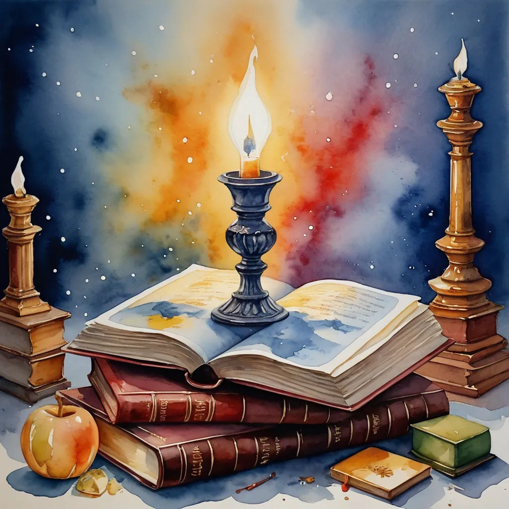 a painting of a candle and books on a table with a book and a candle holder on it, with a book on the table, fantasy art, a storybook illustration, Bracha L. Ettinger, fantasy artwork