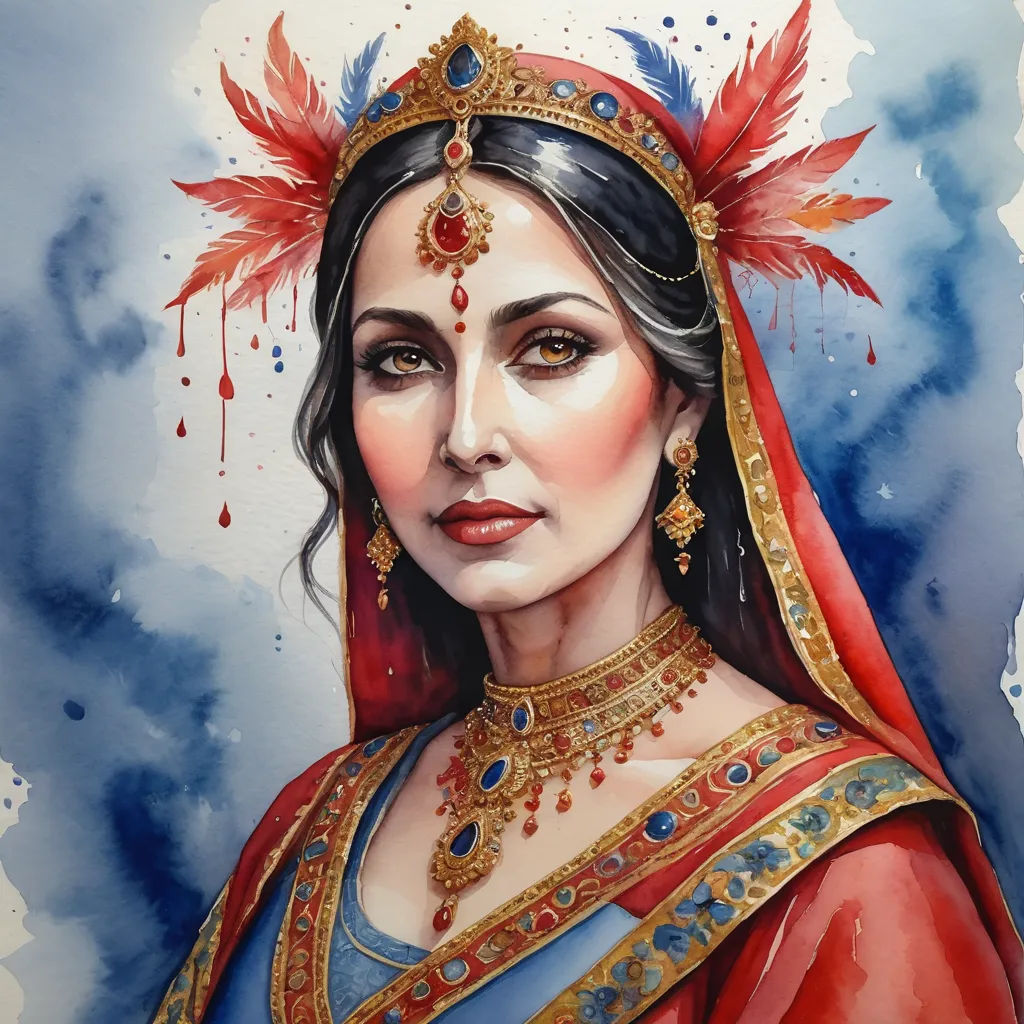 a painting of a woman wearing a red and blue outfit and a red head piece with feathers on her head, qajar art, a detailed painting, Donato Giancola, detailed painting