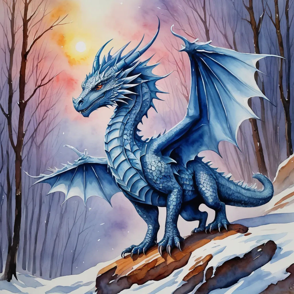a blue dragon sitting on a rock in the snow with trees in the background and a bright sun in the sky, fantasy art, an airbrush painting, Anne Stokes, dragon art