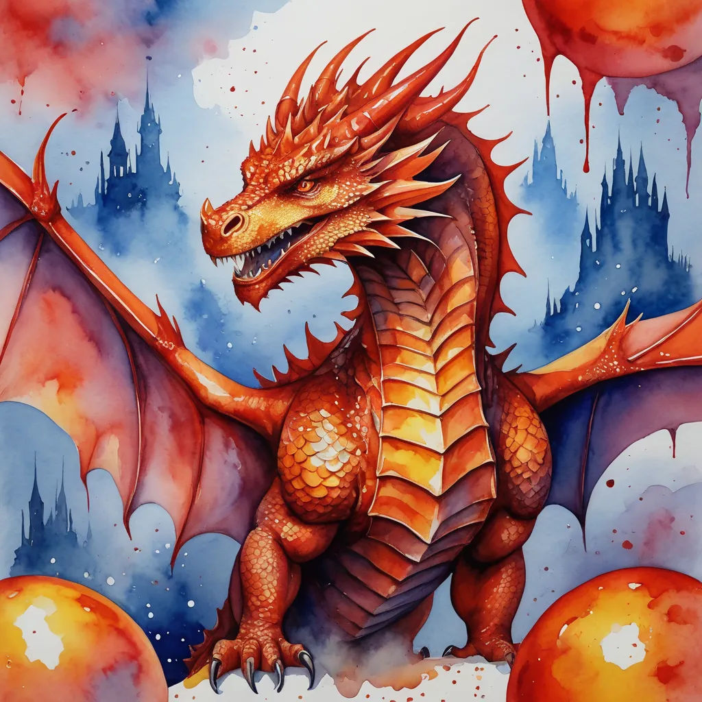 a painting of a dragon with a castle in the background and a red ball in the foreground with a blue sky and clouds, fantasy art, an airbrush painting, Anne Stokes, dragon art