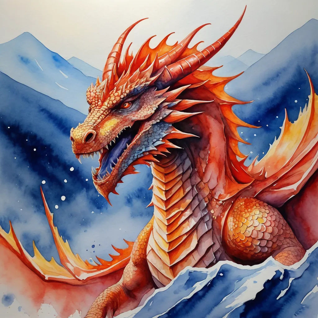 a painting of a dragon with orange wings and a red head and tail, with a mountain in the background, fantasy art, an airbrush painting, Anato Finnstark, dragon art