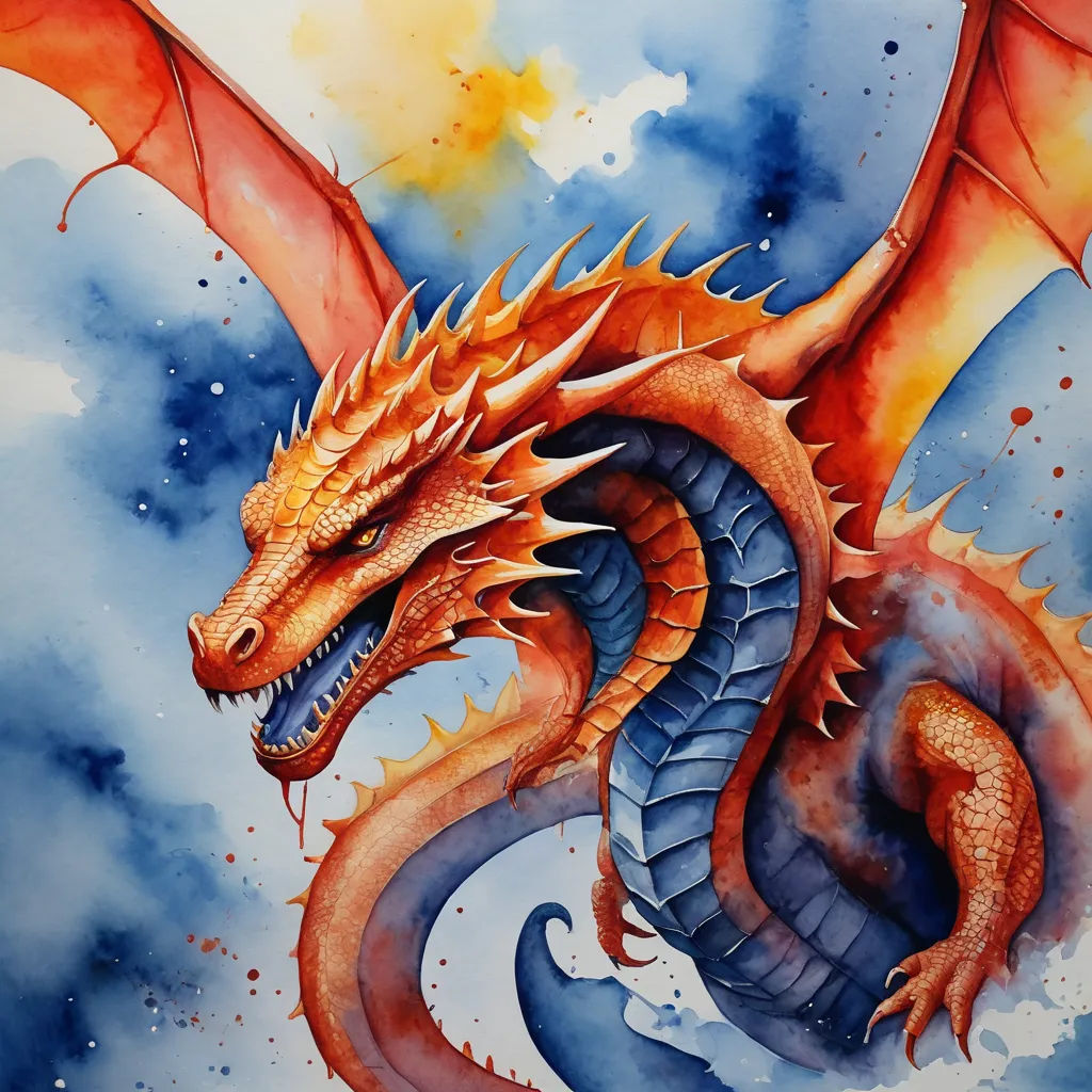 a painting of a dragon with orange wings and a blue body of water in the background, with a yellow and orange substance on its body, fantasy art, an airbrush painting, Anne Stokes, dragon art