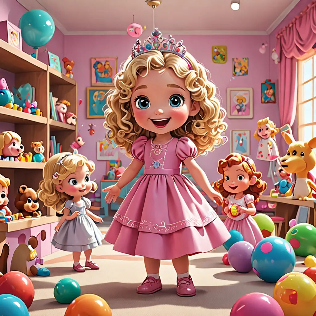 a cartoon of a girl in a pink dress surrounded by toys and balloons in a room with a pink wall, Chris LaBrooy, photorealism, a digital rendering, promotional image
