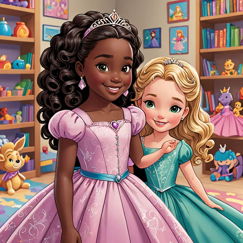 a cartoon of a princess and a princess in a room with bookshelves and stuffed animals on the walls, disney, sots art, a storybook illustration, official art