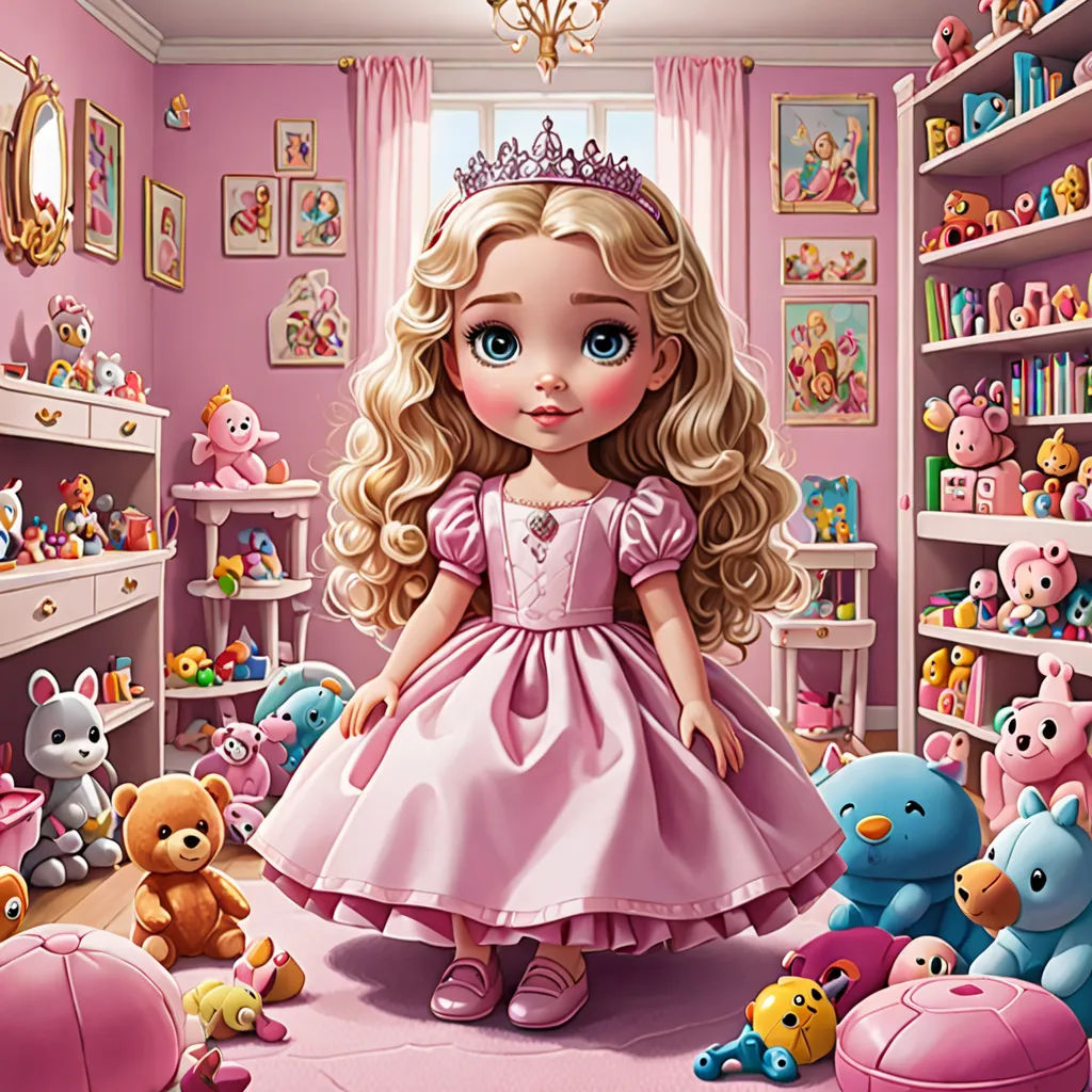 a little girl in a pink dress standing in a room full of stuffed animals and toys, with a pink wall and ceiling, disney, pop surrealism, a storybook illustration, highly detailed digital art