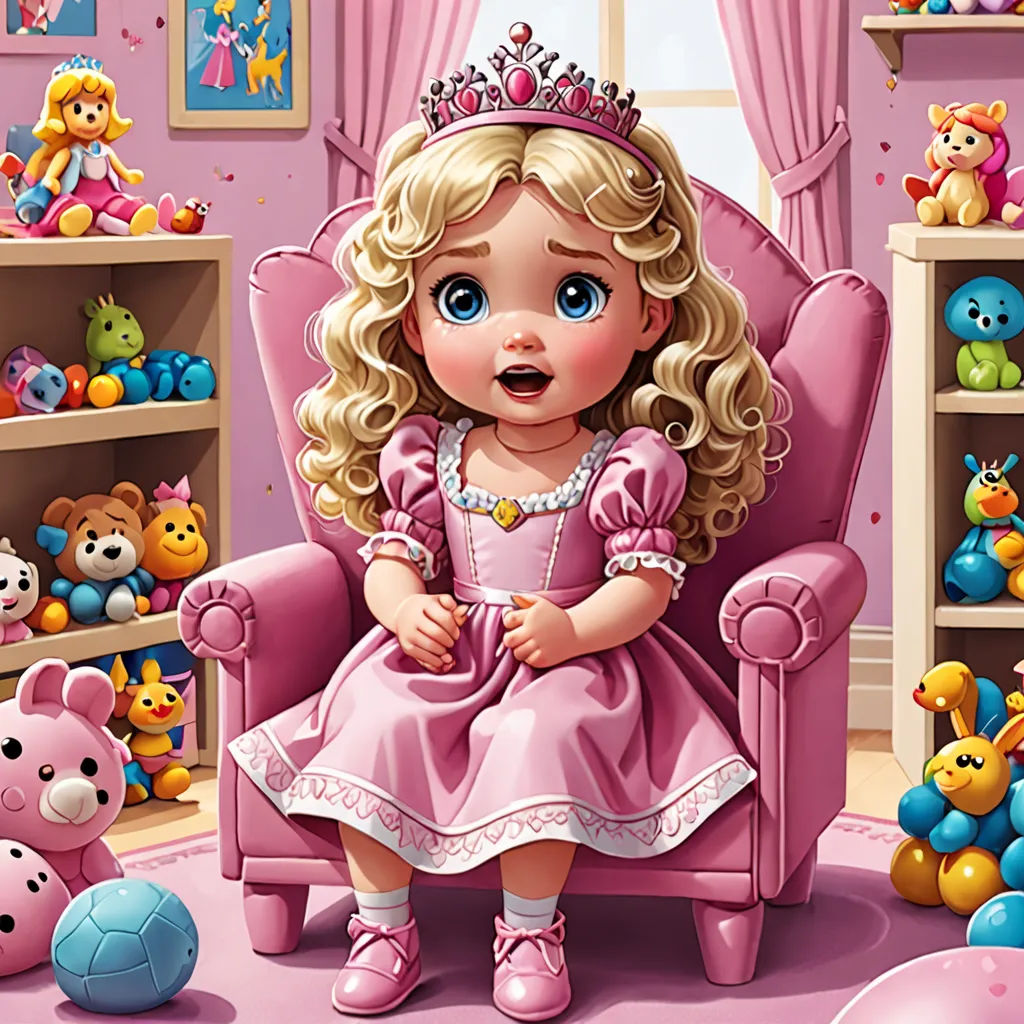 a little girl sitting in a pink chair in a room full of stuffed animals and toys, with a pink chair and pink walls, Clarice Beckett, pop surrealism, a storybook illustration, highly detailed digital painting