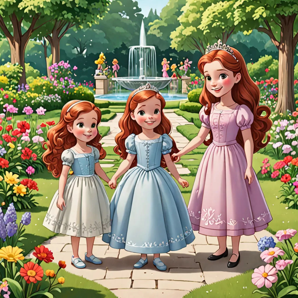 a group of three girls standing next to each other in a garden with flowers and trees in the background, disney, impressionism, a storybook illustration, kinkade
