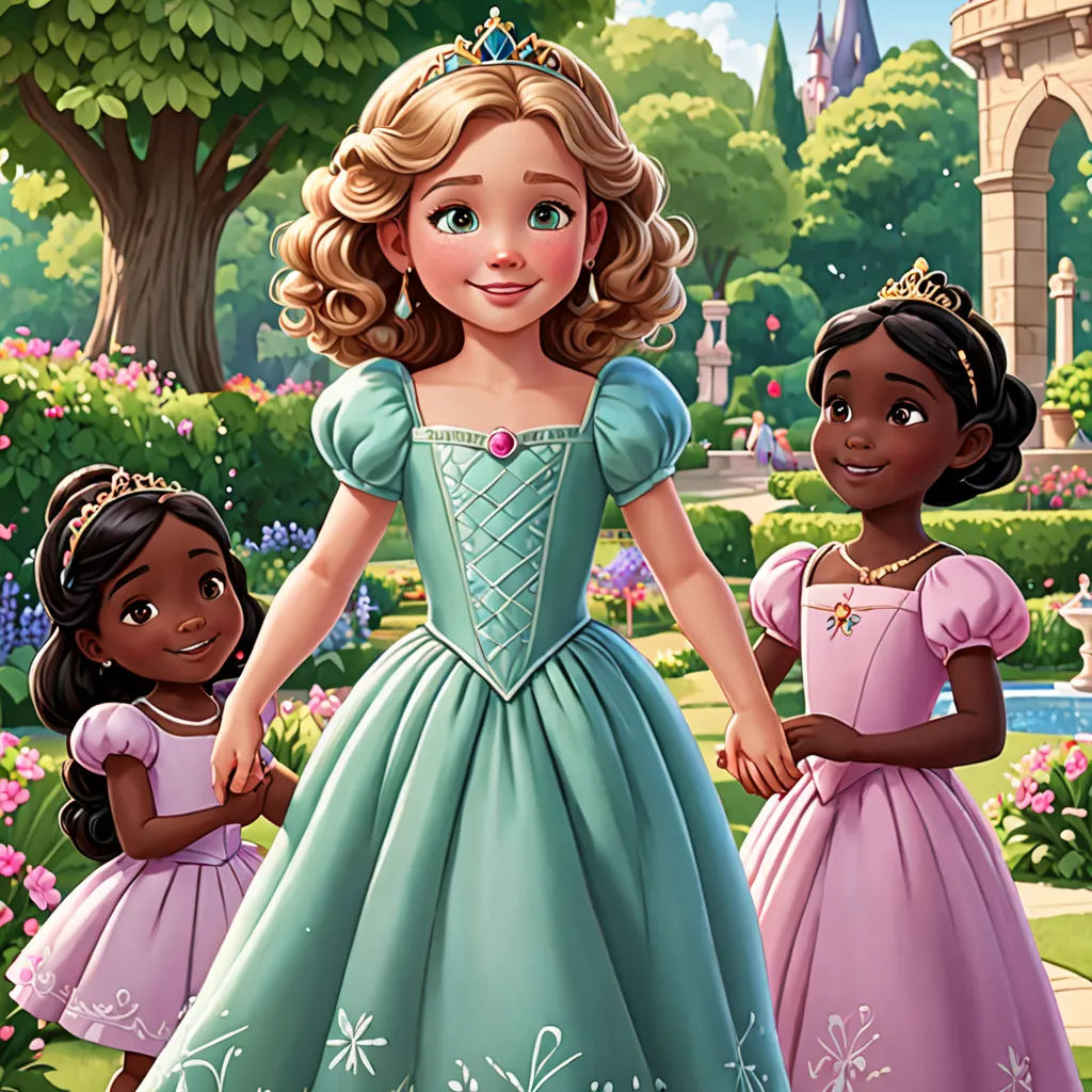 a cartoon of a princess and two girls in dresses standing in a park with a castle in the background, disney, sots art, a storybook illustration, official art