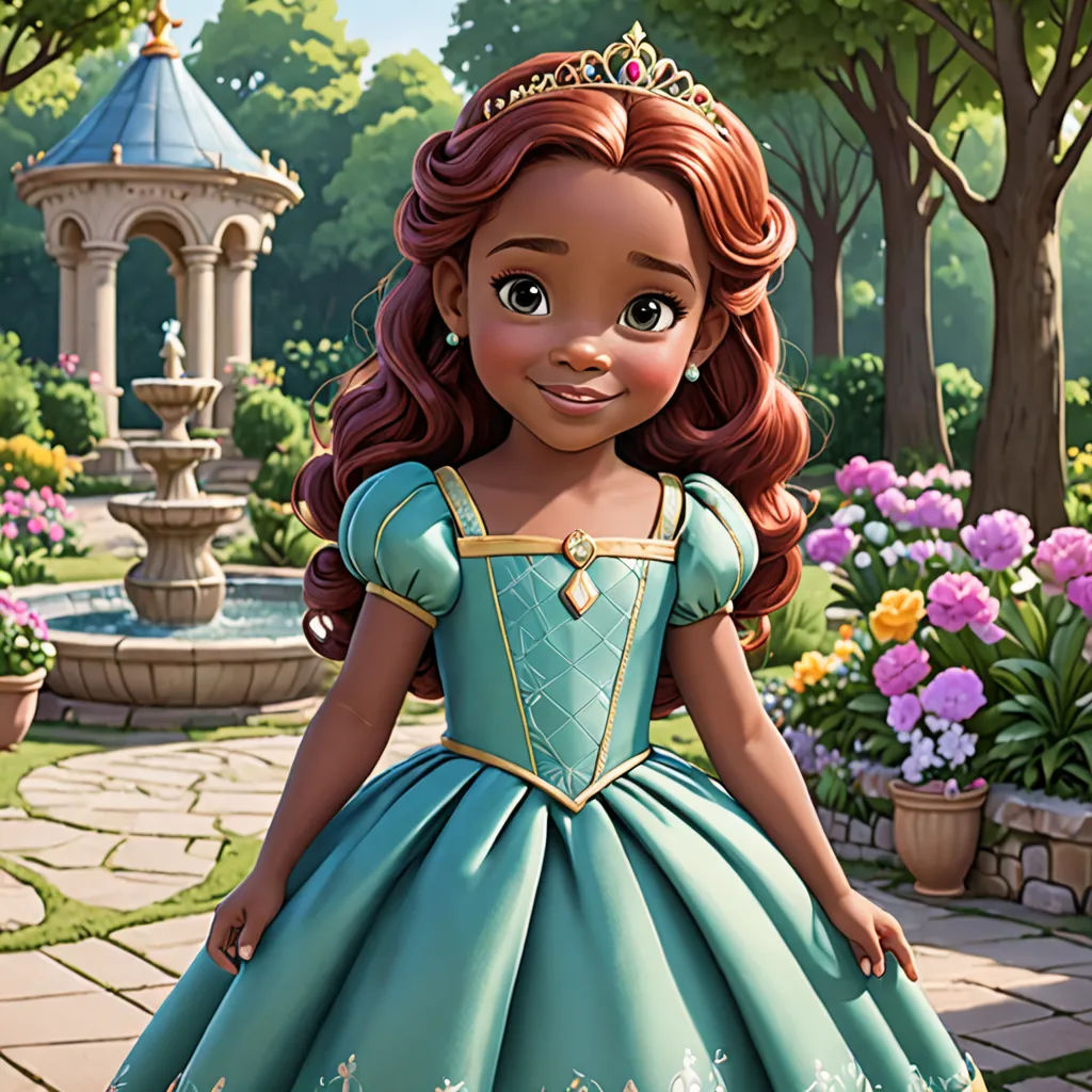 a cartoon of a princess in a blue dress in a garden with flowers and trees in the background and a fountain, disney, sots art, concept art, official art