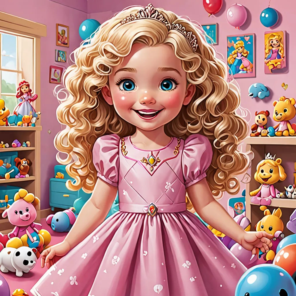 a cartoon girl in a pink dress surrounded by toys and balloons in a room with a teddy bear wall, Caroline Lucy Scott, pop surrealism, a digital rendering, highly detailed digital painting