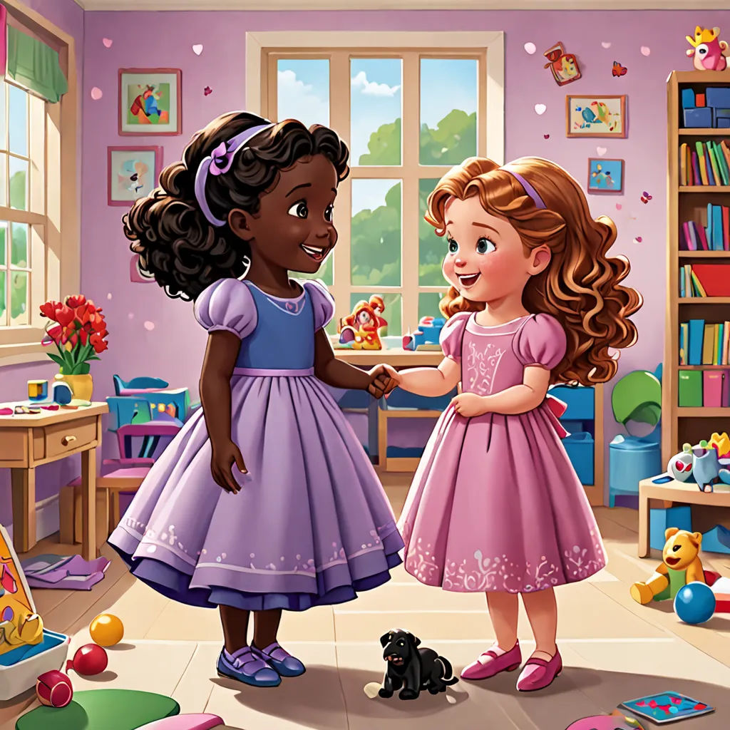 two little girls in a room with toys and a dog on the floor and a window with a view of a room with a bookcase and a window, Chinwe Chukwuogo-Roy, figurativism, a storybook illustration, storybook illustration
