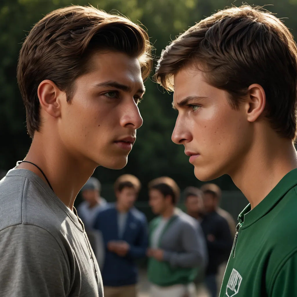 two young men standing next to each other in front of a crowd of people in a park, one of them looking at the other, tachisme, a poster, Alexander Kucharsky, promotional image