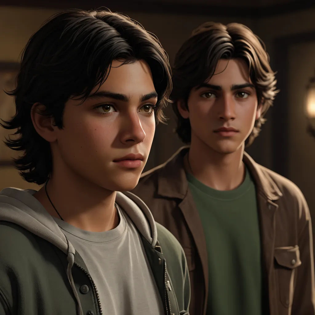 a couple of young men standing next to each other in a room with a clock on the wall behind them, photorealism, concept art, Brothers Hildebrandt, ultra realistic faces
