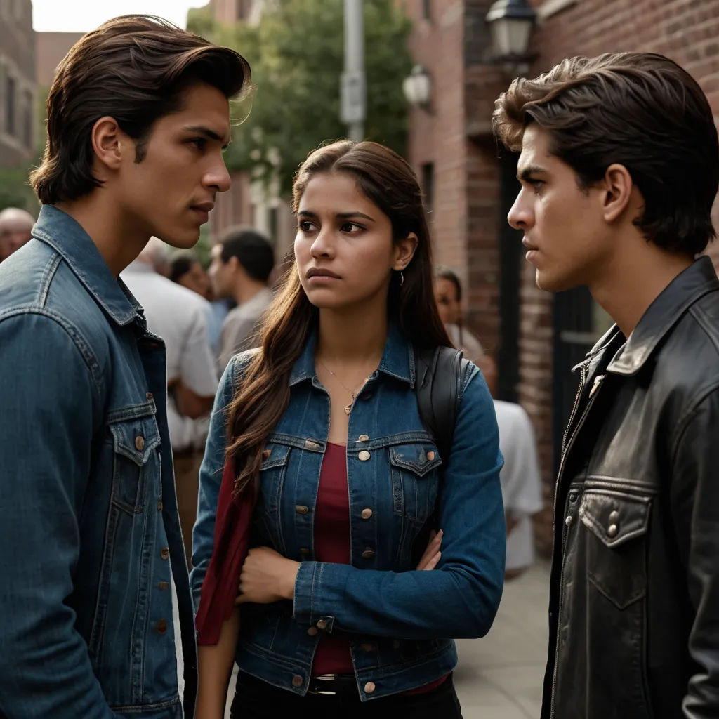 a group of people standing on a street corner talking to each other and looking at each other with a brick building in the background, tachisme, a poster, Fletcher Martin, promotional image