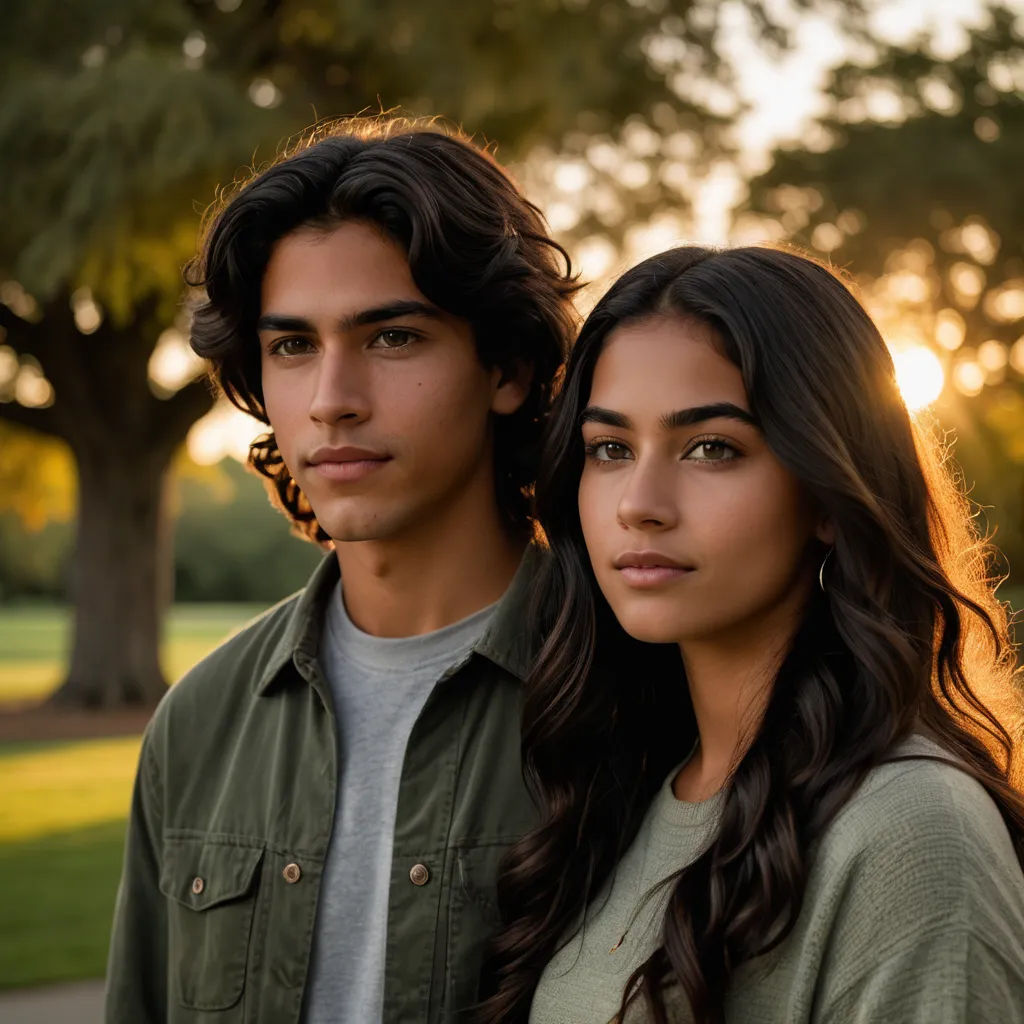 a man and a woman standing next to each other in a park at sunset or sunrise time, with trees in the background, american barbizon school, a portrait, Darrell Riche, anamorphic lens flare