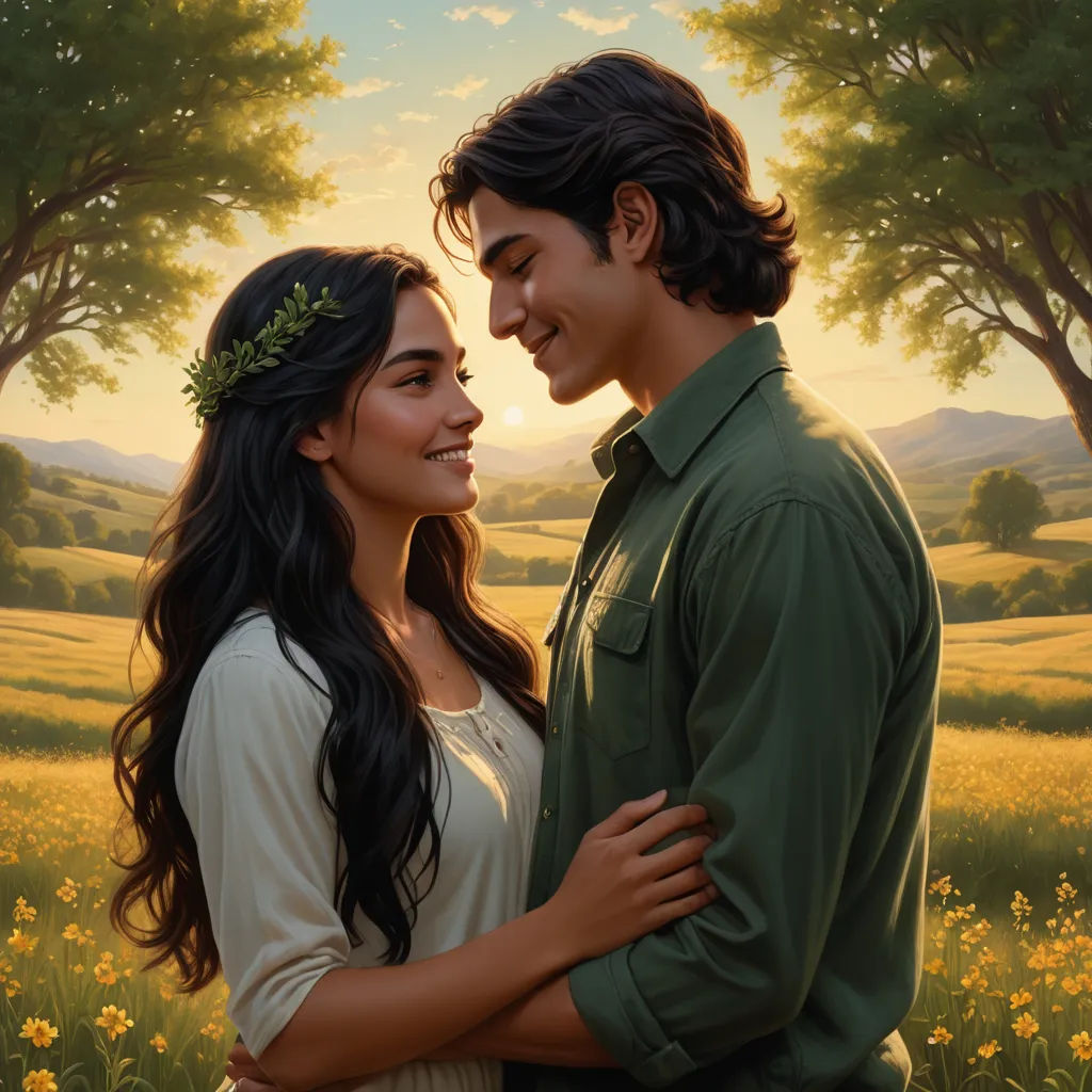 a painting of a couple standing in a field of flowers with trees in the background and a sunset behind them, american scene painting, an oil painting, Anne Stokes, kinkade