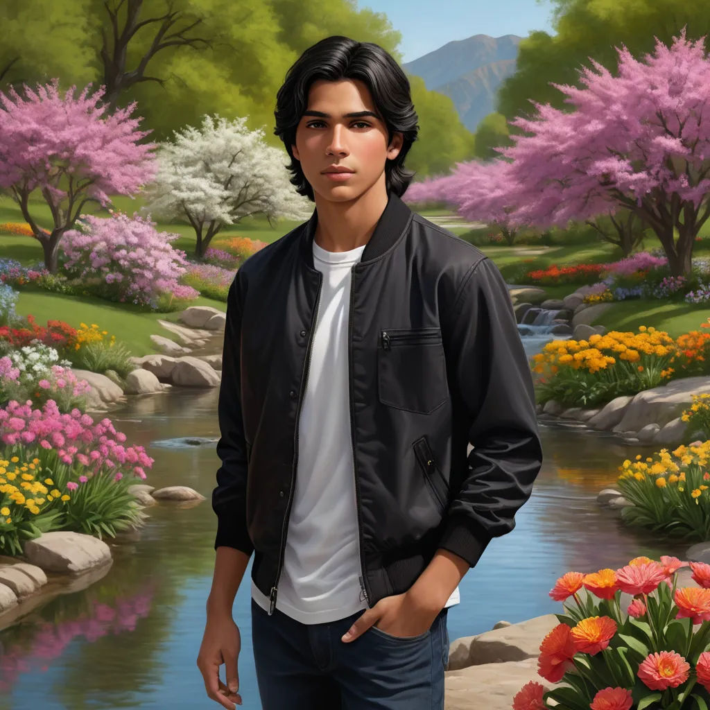a painting of a man standing in front of a river and flowers with a mountain in the background and a river running through it, sots art, a character portrait, Cedric Seaut (Keos Masons), kinkade