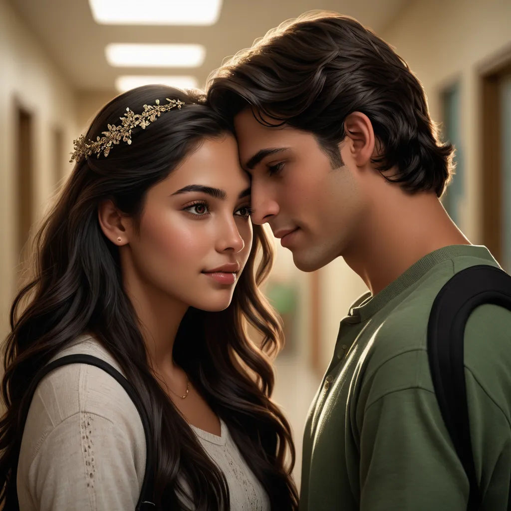 a man and a woman are standing together in a hallway together, looking at each other and smiling at each other, sots art, a poster, Araceli Gilbert, promotional image