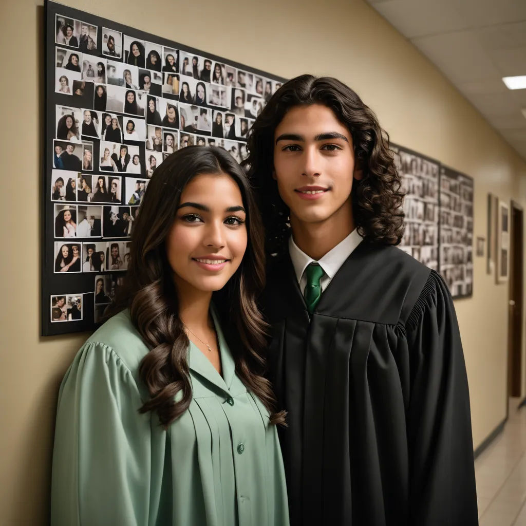 a couple of people standing next to each other in a hallway with pictures on the wall behind them and a man in a green shirt and tie, barbizon school, a stock photo, Fletcher Martin, promotional image